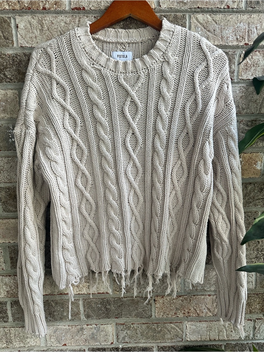 pistola Cream 100% Cotton Chunky Cable-Knit Distressed Hem Crew Sweater Medium - Picture 2 of 9